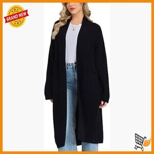 Long Merino Wool Cardigan with Pockets Open Front Winter Sweater